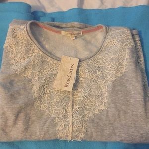 Gray Rewind sweater with white lace